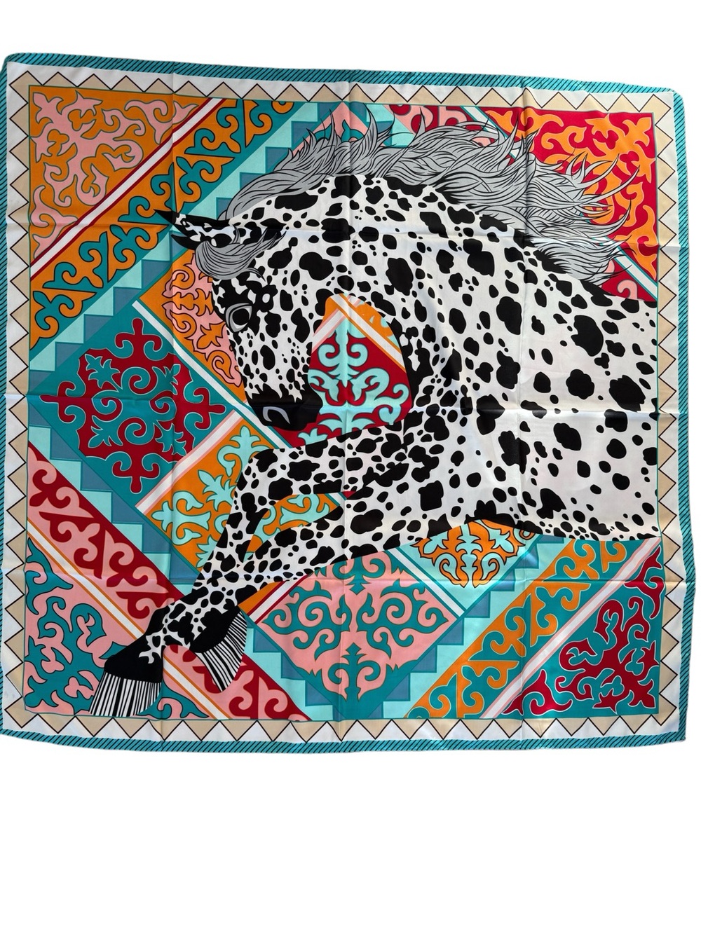 Designer Horse Print 130cm Silk Scarf in Teal, Coral & Black